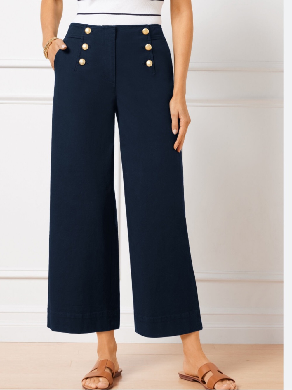 Talbots Nautical Navy Wide-Leg Sailor brass Button Pants 14